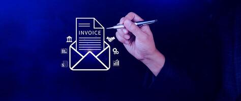 Invoice and online digital statements concept, using touch with invoice icons on virtual screen, Financial report and bank management with online payment concept E.invoice invoice. photo