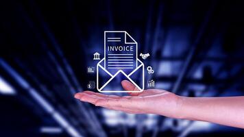 Invoice and online digital statements concept, using touch with invoice icons on virtual screen, Financial report and bank management with online payment concept E.invoice invoice. photo