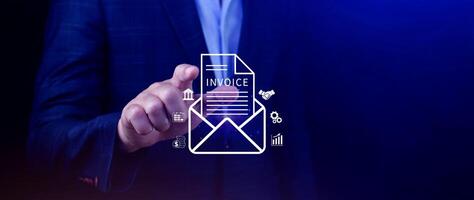 Invoice and online digital statements concept, using touch with invoice icons on virtual screen, Financial report and bank management with online payment concept E.invoice invoice. photo