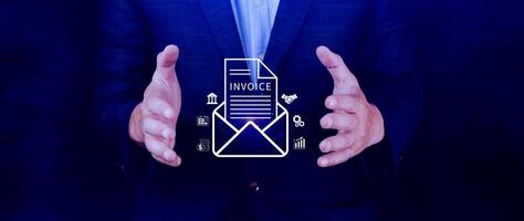 Invoice and online digital statements concept, using touch with invoice icons on virtual screen, Financial report and bank management with online payment concept E.invoice invoice. photo