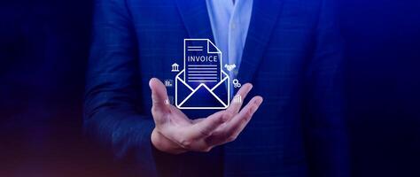Invoice and online digital statements concept, using touch with invoice icons on virtual screen, Financial report and bank management with online payment concept E.invoice invoice. photo