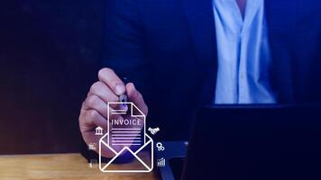 Invoice and online digital statements concept, using touch with invoice icons on virtual screen, Financial report and bank management with online payment concept E.invoice invoice. photo
