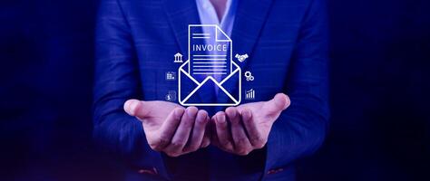 Invoice and online digital statements concept, using touch with invoice icons on virtual screen, Financial report and bank management with online payment concept E.invoice invoice. photo