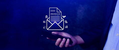 Invoice and online digital statements concept, using touch with invoice icons on virtual screen, Financial report and bank management with online payment concept E.invoice invoice. photo