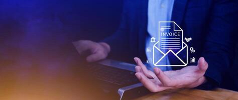 Invoice and online digital statements concept, using touch with invoice icons on virtual screen, Financial report and bank management with online payment concept E.invoice invoice. photo