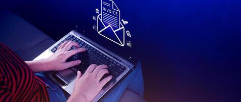 Invoice and online digital statements concept, using touch with invoice icons on virtual screen, Financial report and bank management with online payment concept E.invoice invoice. photo