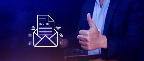 Invoice and online digital statements concept, using touch with invoice icons on virtual screen, Financial report and bank management with online payment concept E.invoice invoice. photo