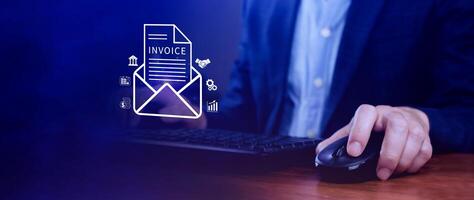 Invoice and online digital statements concept, using touch with invoice icons on virtual screen, Financial report and bank management with online payment concept E.invoice invoice. photo
