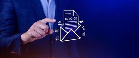 Invoice and online digital statements concept, using touch with invoice icons on virtual screen, Financial report and bank management with online payment concept E.invoice invoice. photo