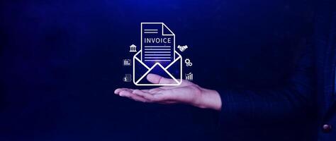 Invoice and online digital statements concept, using touch with invoice icons on virtual screen, Financial report and bank management with online payment concept E.invoice invoice. photo