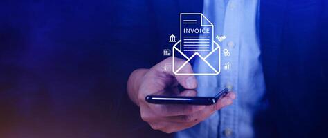 Invoice and online digital statements concept, using touch with invoice icons on virtual screen, Financial report and bank management with online payment concept E.invoice invoice. photo