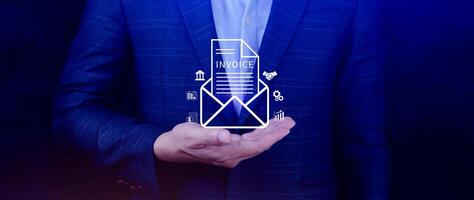 Invoice and online digital statements concept, using touch with invoice icons on virtual screen, Financial report and bank management with online payment concept E.invoice invoice. photo