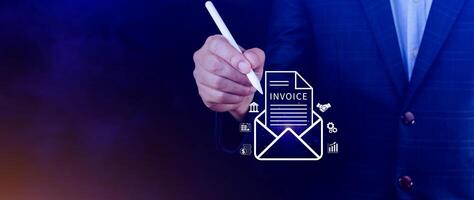 Invoice and online digital statements concept, using touch with invoice icons on virtual screen, Financial report and bank management with online payment concept E.invoice invoice. photo