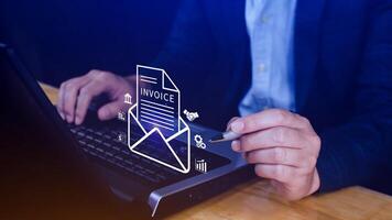 Invoice and online digital statements concept, using touch with invoice icons on virtual screen, Financial report and bank management with online payment concept E.invoice invoice. photo