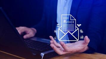 Invoice and online digital statements concept, using touch with invoice icons on virtual screen, Financial report and bank management with online payment concept E.invoice invoice. photo
