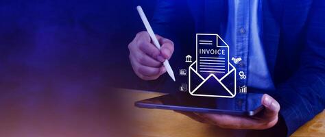 Invoice and online digital statements concept, using touch with invoice icons on virtual screen, Financial report and bank management with online payment concept E.invoice invoice. photo