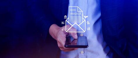 Invoice and online digital statements concept, using touch with invoice icons on virtual screen, Financial report and bank management with online payment concept E.invoice invoice. photo