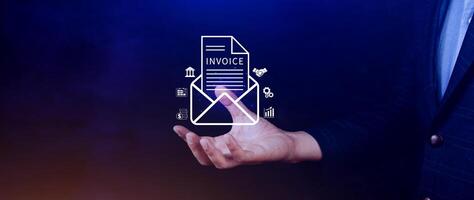 Invoice and online digital statements concept, using touch with invoice icons on virtual screen, Financial report and bank management with online payment concept E.invoice invoice. photo