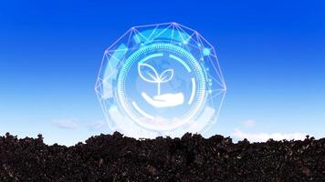 Green economy concept. nurturing plant with eco icon symbolize commitment to environmental business, growing plant to reduce carbon emission for sustainable future. photo