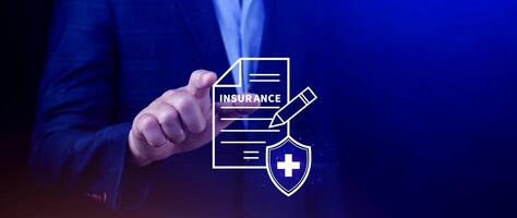 Insurance concept, medical coverage planning, hospital payments, representing different types of insurance such as health, home, car, travel, and policy management. photo