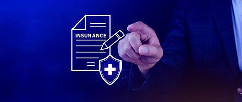 Insurance concept, medical coverage planning, hospital payments, representing different types of insurance such as health, home, car, travel, and policy management. photo