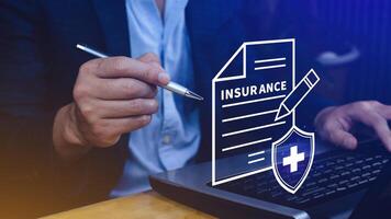 Insurance concept, medical coverage planning, hospital payments, representing different types of insurance such as health, home, car, travel, and policy management. photo