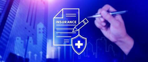 Insurance concept, medical coverage planning, hospital payments, representing different types of insurance such as health, home, car, travel, and policy management. photo