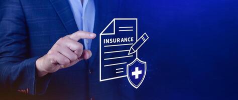 Insurance concept, medical coverage planning, hospital payments, representing different types of insurance such as health, home, car, travel, and policy management. photo