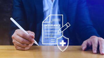 Insurance concept, medical coverage planning, hospital payments, representing different types of insurance such as health, home, car, travel, and policy management. photo