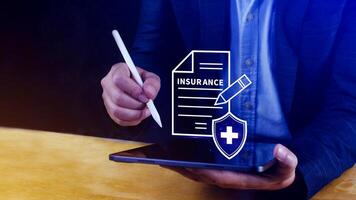 Insurance concept, medical coverage planning, hospital payments, representing different types of insurance such as health, home, car, travel, and policy management. photo