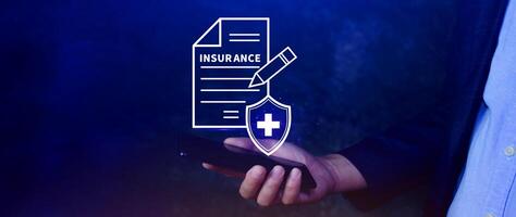 Insurance concept, medical coverage planning, hospital payments, representing different types of insurance such as health, home, car, travel, and policy management. photo