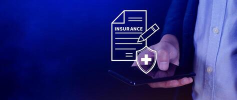 Insurance concept, medical coverage planning, hospital payments, representing different types of insurance such as health, home, car, travel, and policy management. photo