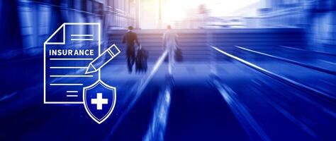 Insurance concept, medical coverage planning, hospital payments, representing different types of insurance such as health, home, car, travel, and policy management. photo