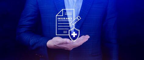 Insurance concept, medical coverage planning, hospital payments, representing different types of insurance such as health, home, car, travel, and policy management. photo