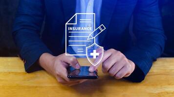 Insurance concept, medical coverage planning, hospital payments, representing different types of insurance such as health, home, car, travel, and policy management. photo