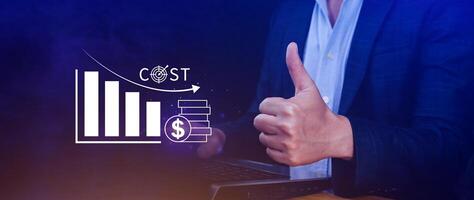 Cost reduction concept, Expenses and saving money, Business strategy and project management, with growth graph of quality control, cost reduction, efficient business and budget cutting. photo
