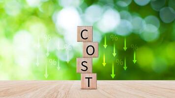Cost reduction concept on wooden cube, Expenses and saving money, Business strategy and project management, cost reduction, efficient business and budget cutting. photo