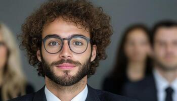 Young man with curly hair and glasses smiles confidently while colleagues engage behind him photo
