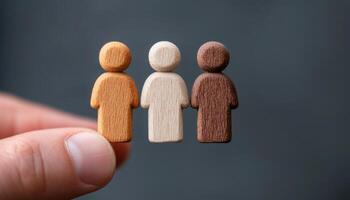 A hand holds three wooden figures representing different skin tones, showcasing diversity photo
