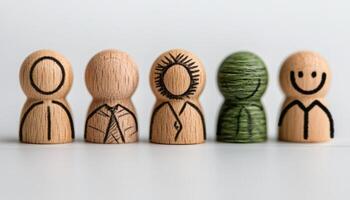 Five unique wooden figures display different expressions and styles on a simple surface photo