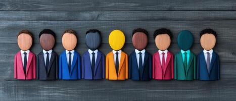 Colorful wooden figurines in suits represent unity and collaboration among diverse people photo