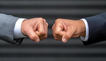 Two business people celebrate success with a fist bump in a casual meeting setting photo