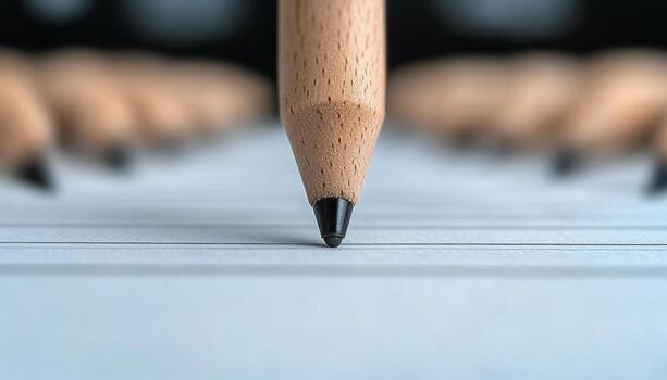 A sharpened pencil stands in front of several pencils arranged neatly on lined paper photo