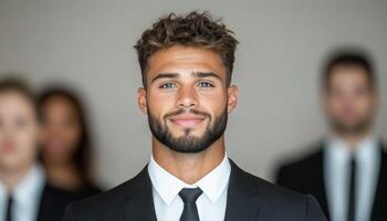Young man smiles confidently in a suit, surrounded by colleagues in a corporate environment photo