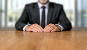 Business professional in a suit sits at a wooden table, showing focus and readiness photo