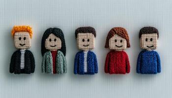 Five colorful crochet characters display smiling faces, showcasing creativity and friendship photo