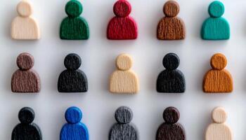 Various wooden figures in different colors are organized in a grid pattern photo