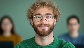Young man with glasses and a green sweater smiles while classmates work on tasks photo