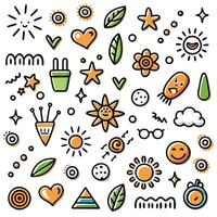 a set of colorful doodles with various objects vector