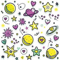 a colorful space background with stars, planets and hearts vector